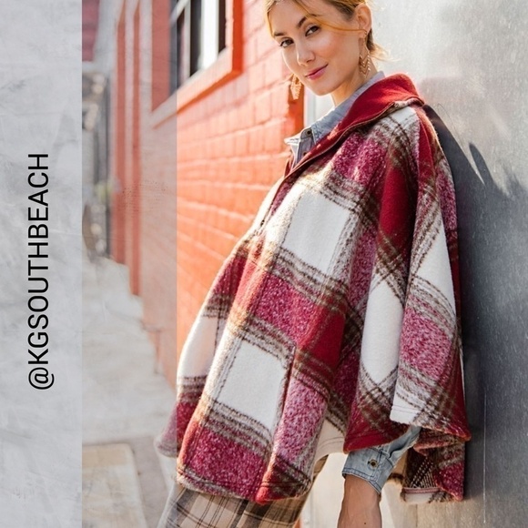 Easel Ultra Lux Cozy Red Plaid Wool Blend Poncho Cape Zippered Neck NWT - Picture 9 of 15